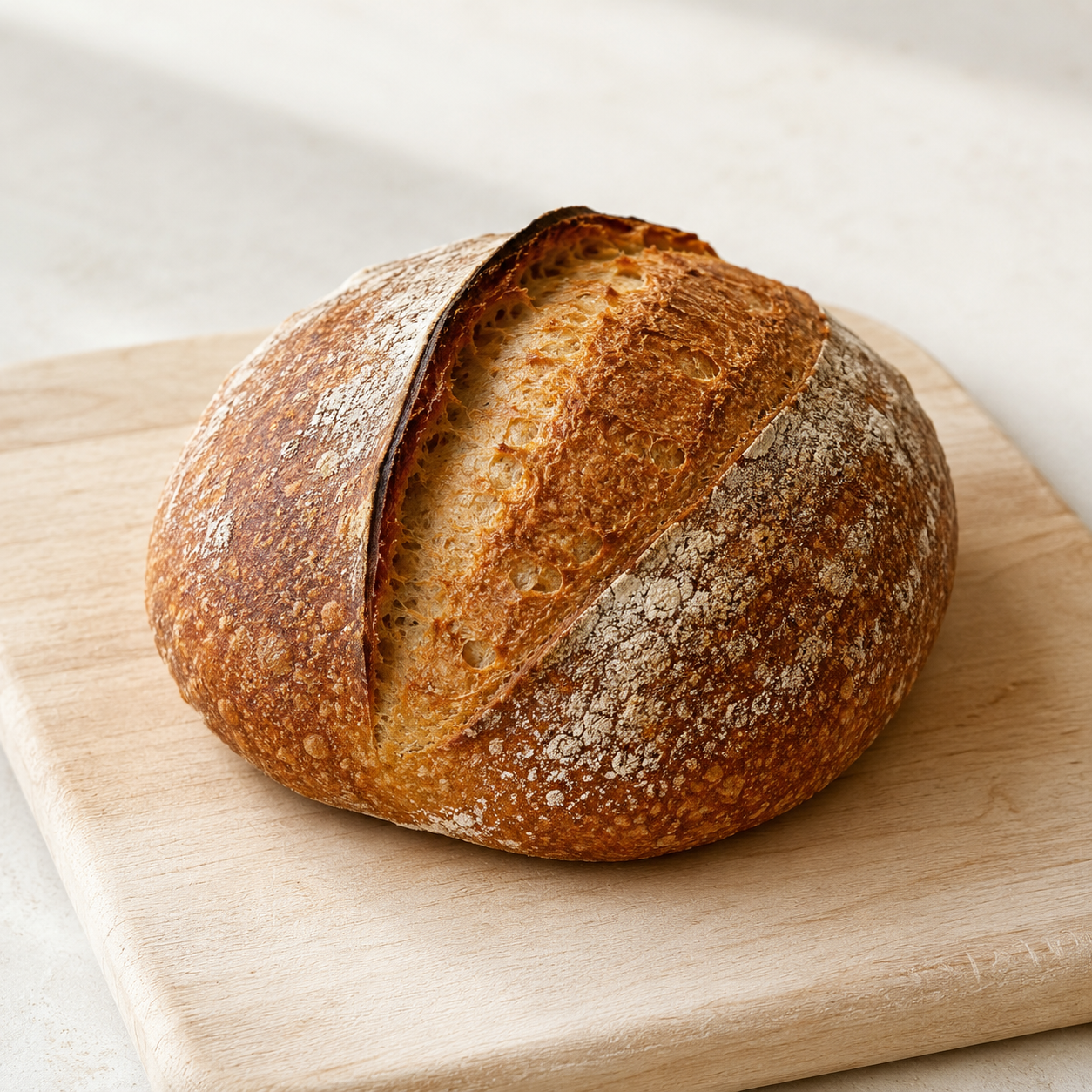 A round sourdough loaf with a deep score across the top