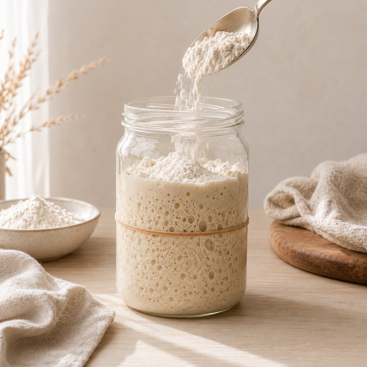 A jar of bubbly sourdough starter being fed a spoonful of flour, a rubber band marking the previous level