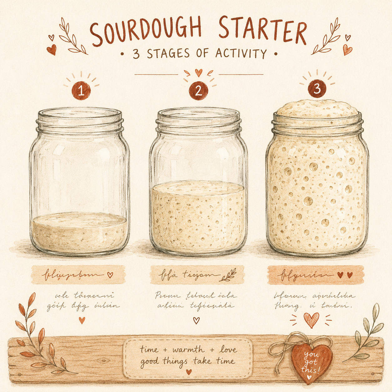 Three glass jars showing sourdough starter at different stages: sluggish, rising, and peaked