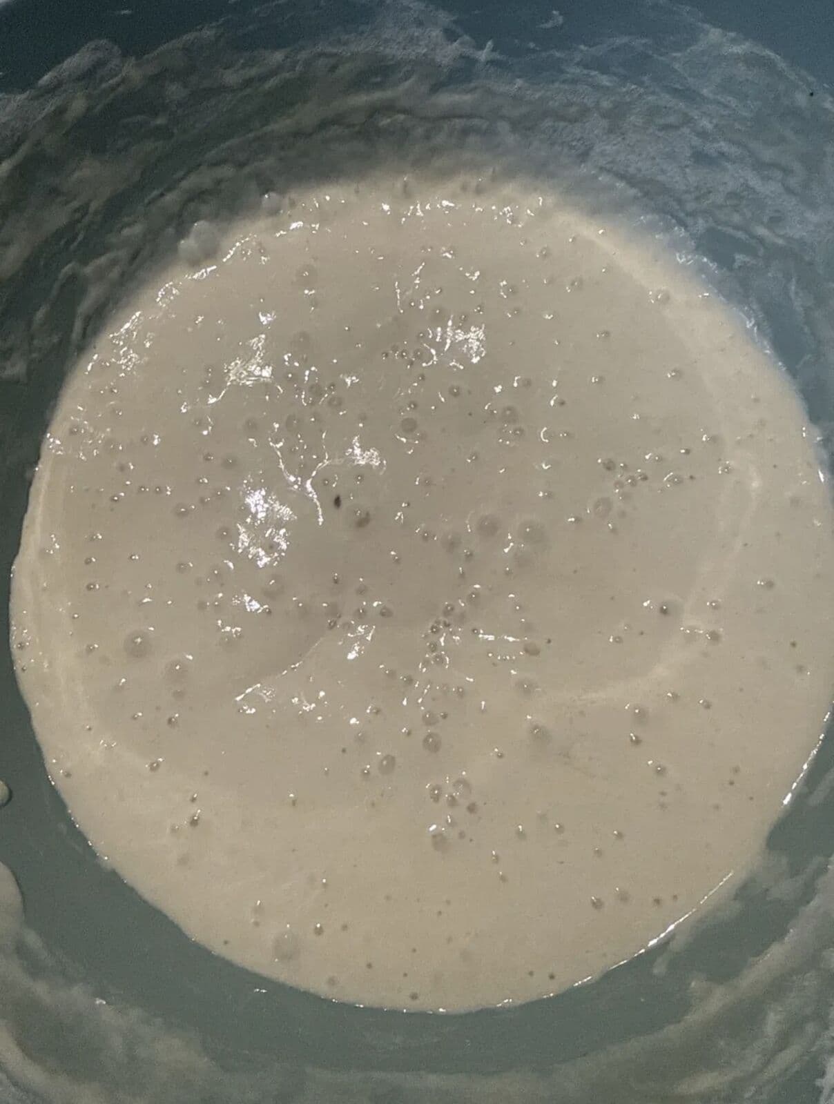 The dough in its batter-like state, packed with fermentation bubbles