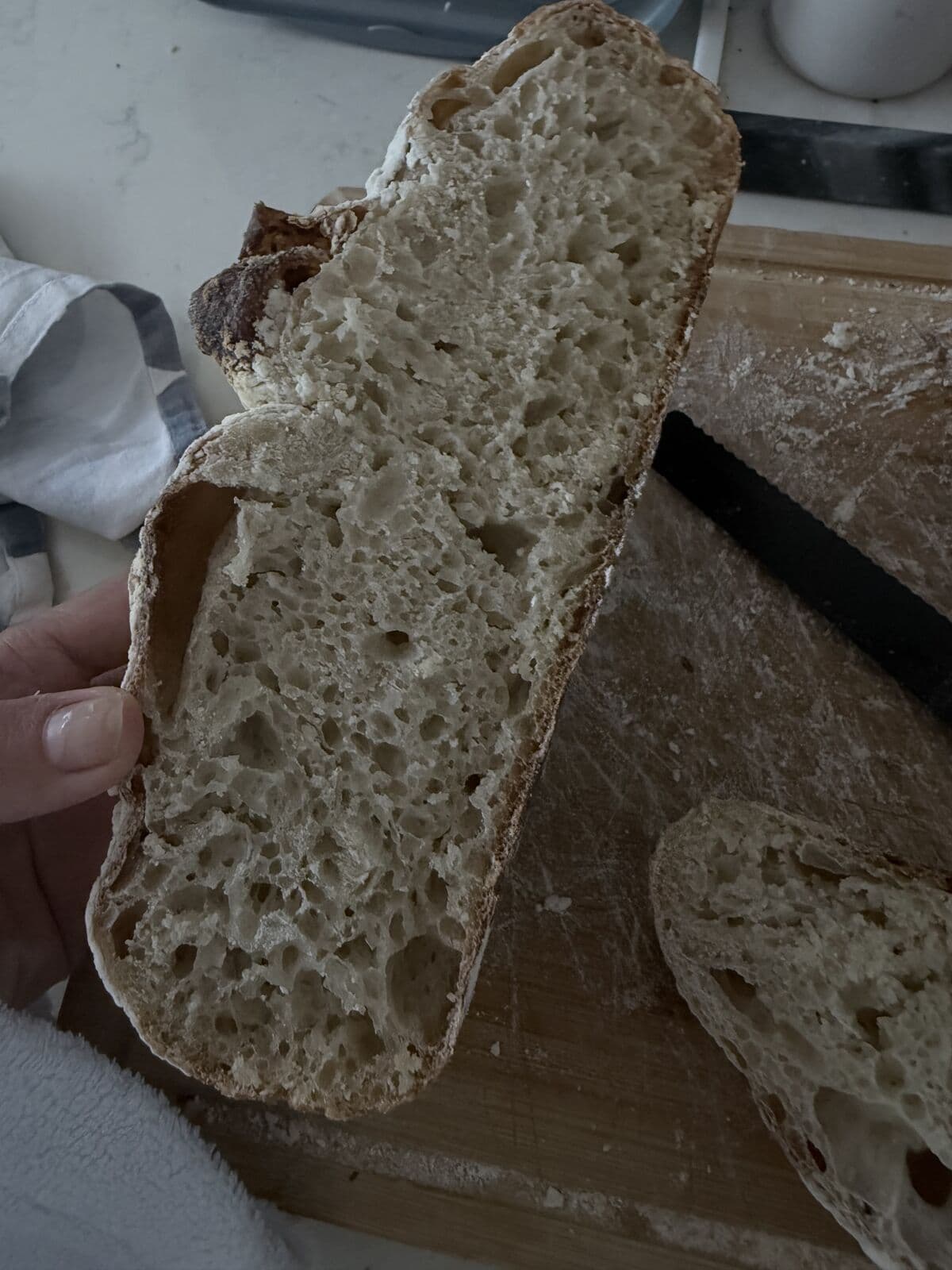 The misshapen dough in the banneton after cold prove