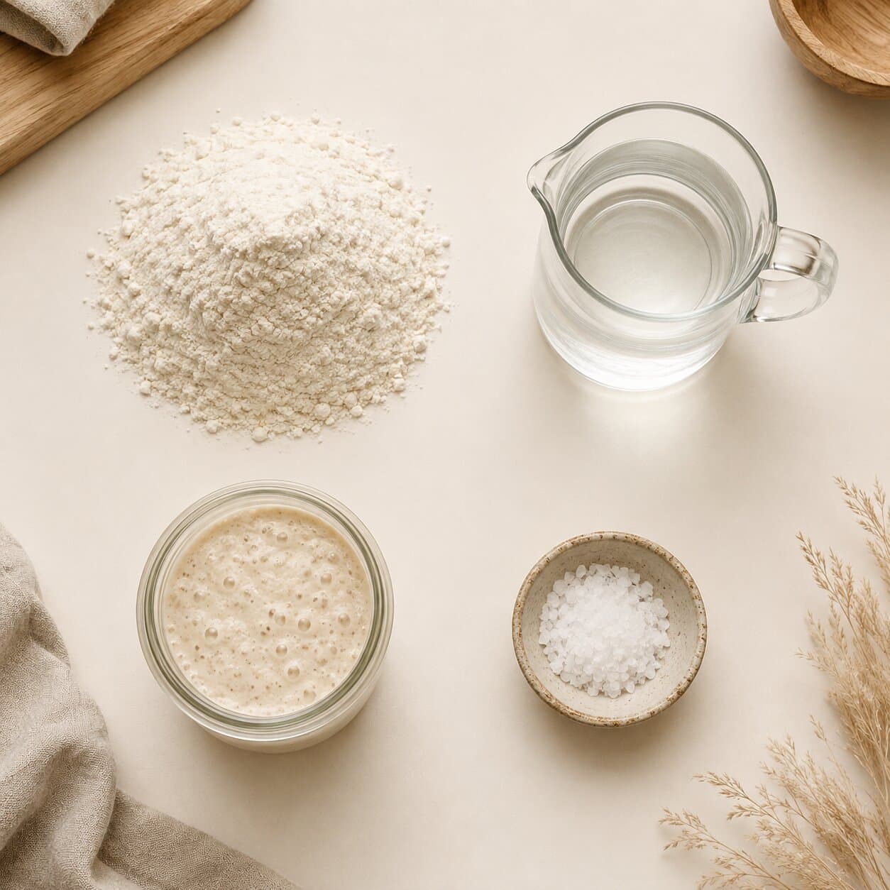 Flour, water, starter and salt weighed out as separate piles, seen from above