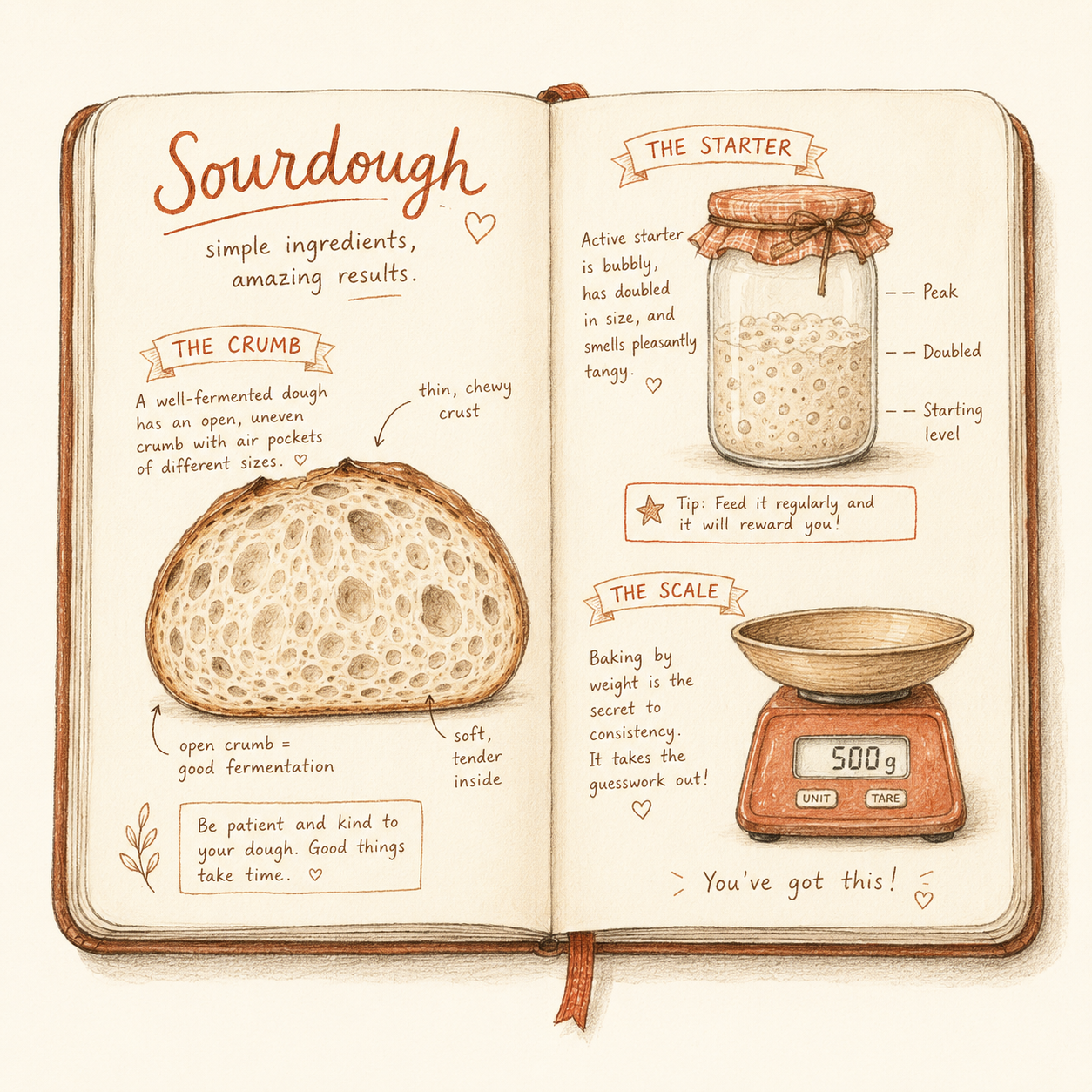 A beginner's sourdough notebook with hand-drawn loaf cross-section, starter jar and kitchen scale