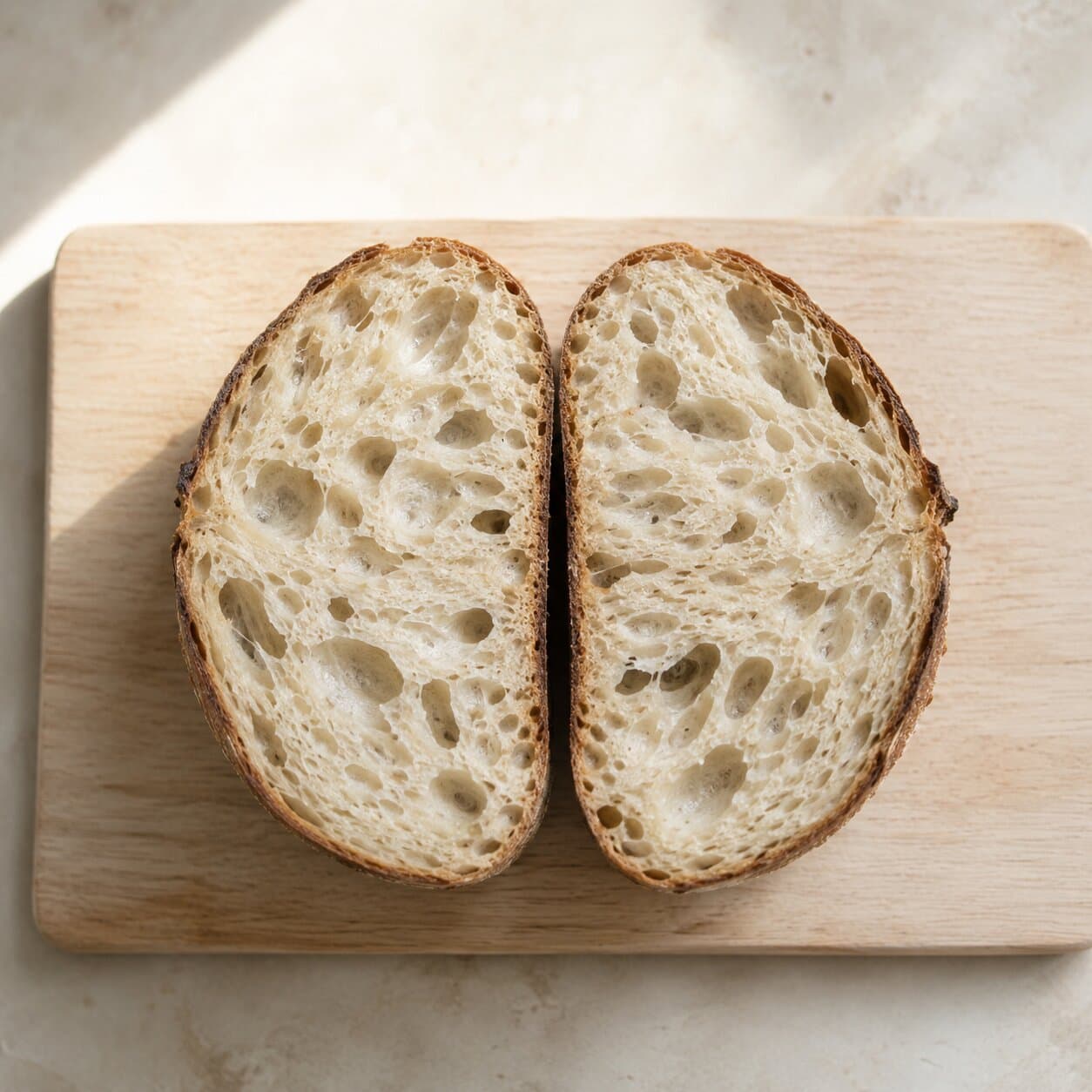 A sourdough loaf sliced in half, showing an open, irregular crumb