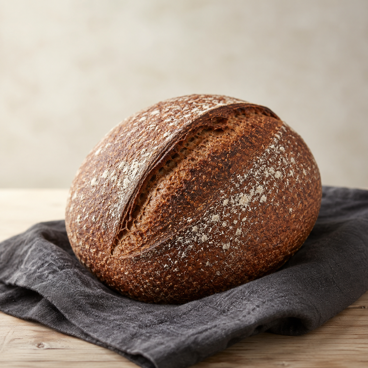 A 400g wholemeal sourdough loaf at 72% hydration, ready to slice
