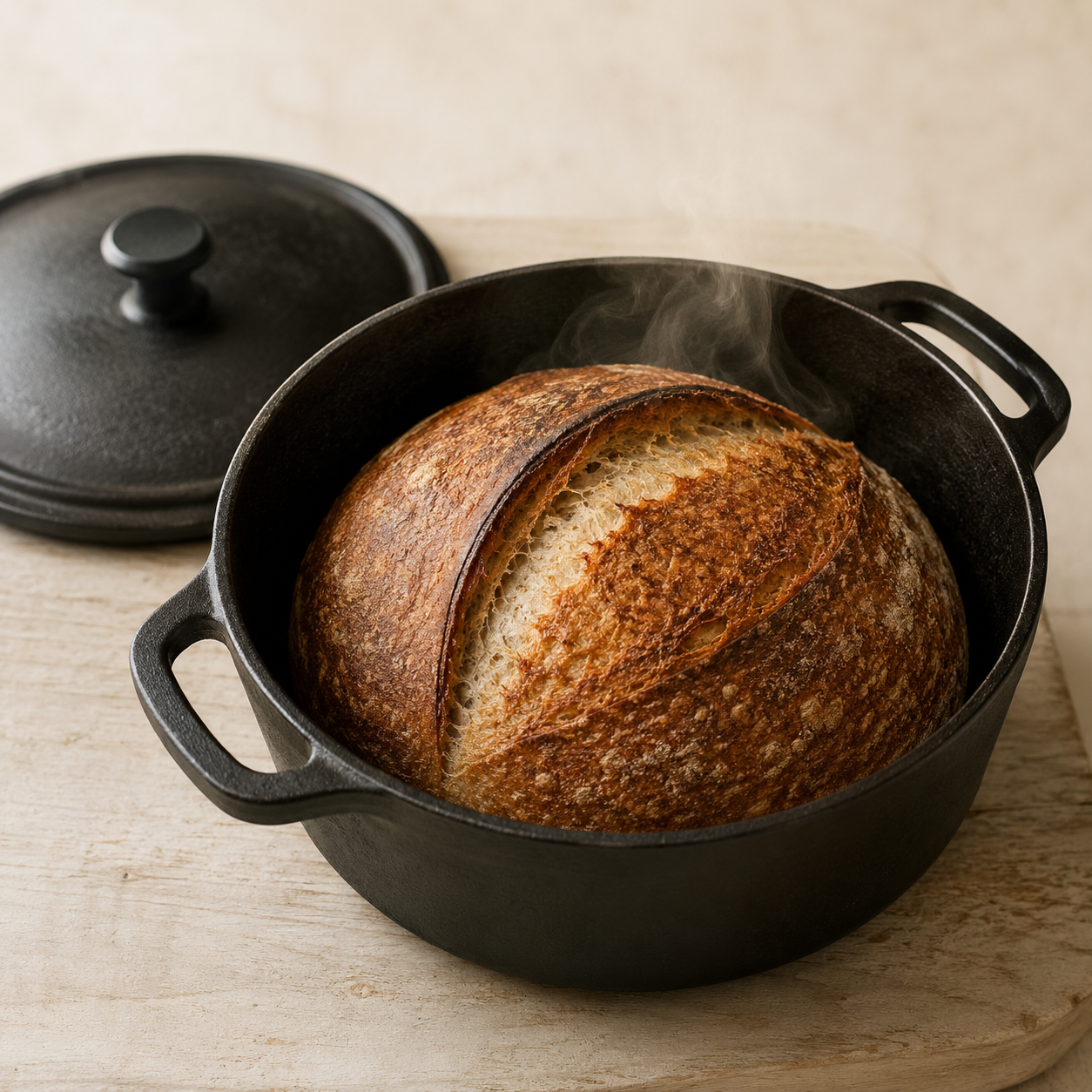 A black cast-iron Dutch oven preheated inside the oven