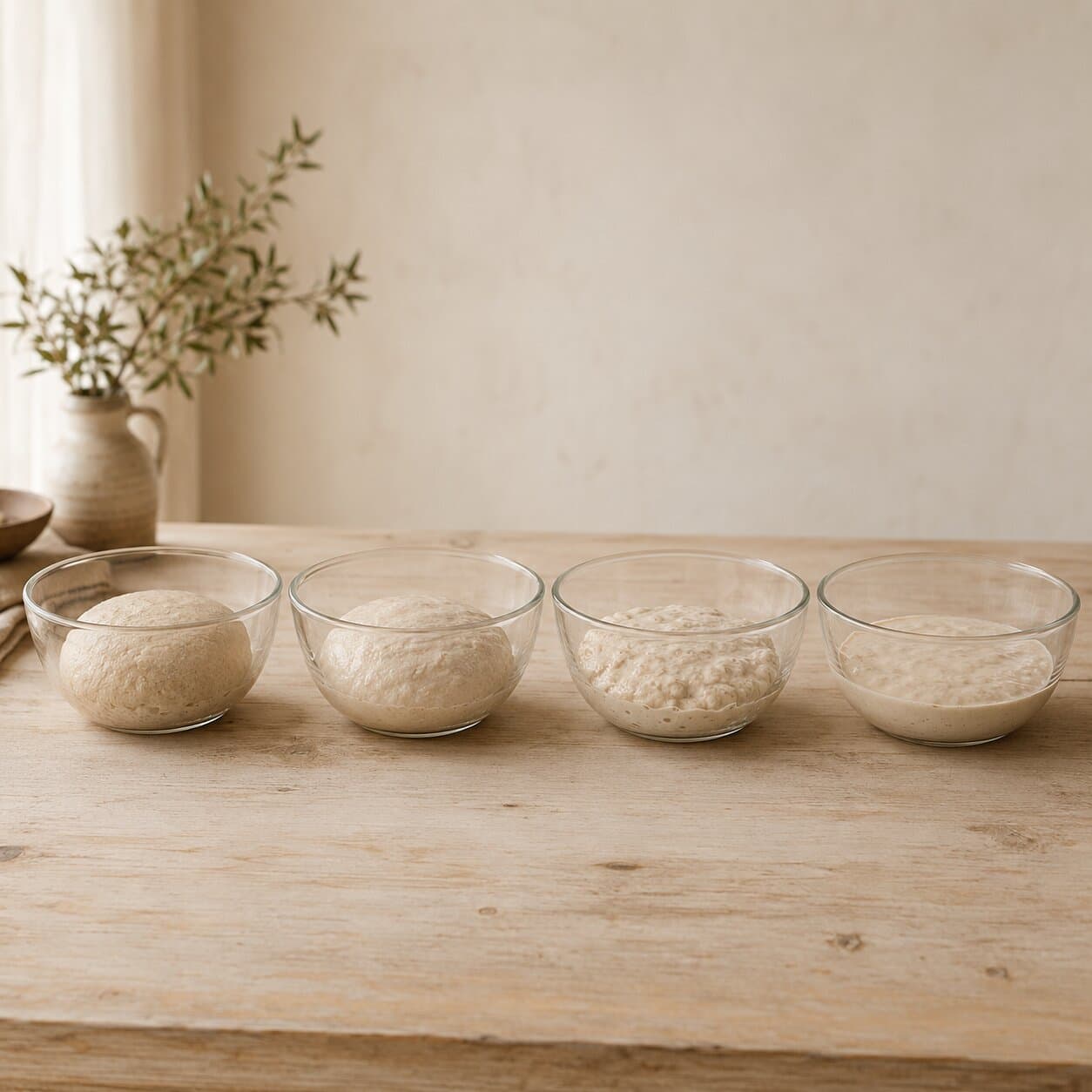 Four glass bowls of sourdough dough at increasing hydration, stiff on the left to slack on the right