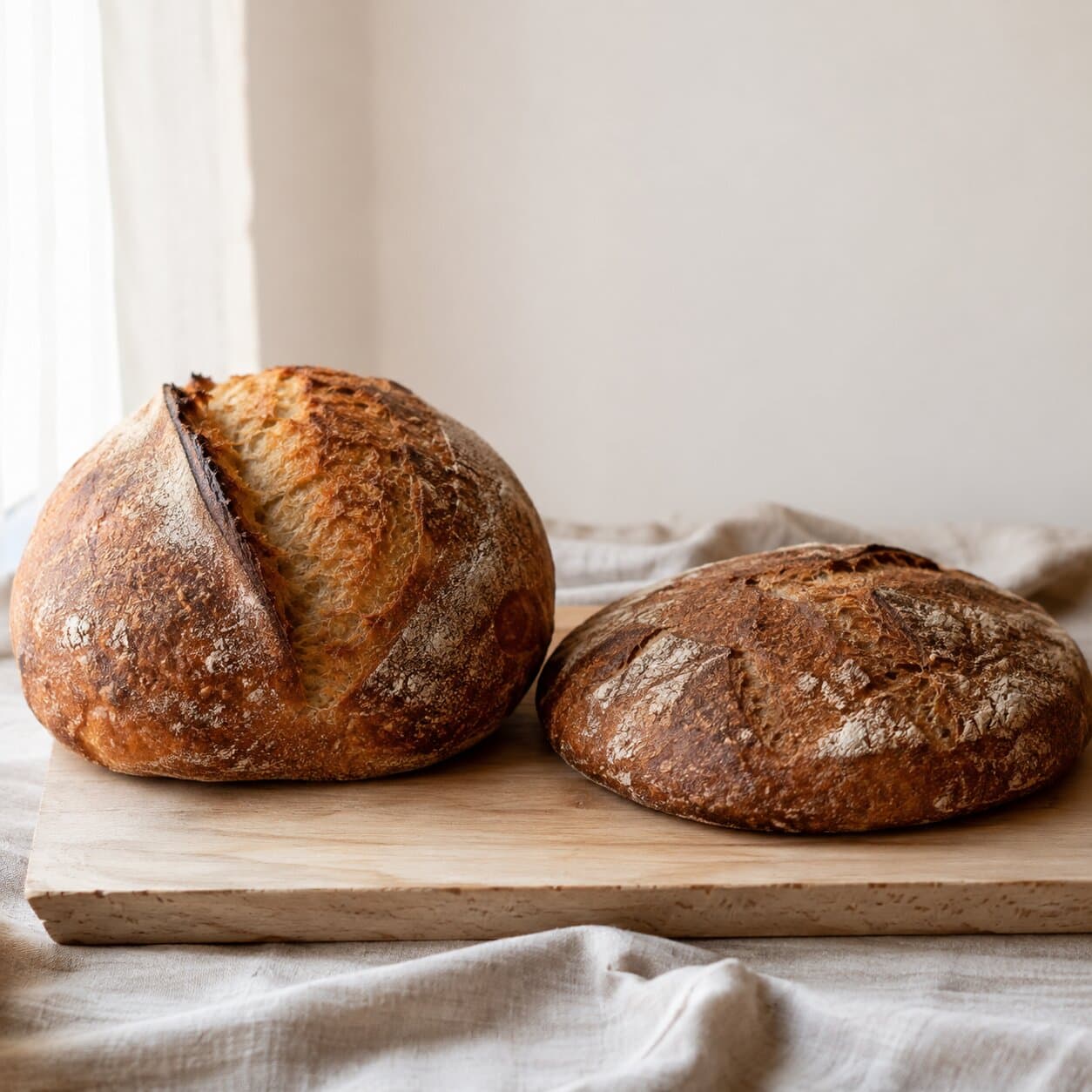 Two sourdough loaves side by side, one well risen and one flat and dense